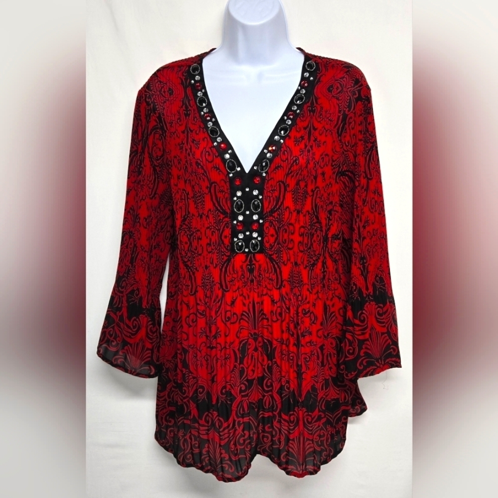 Dress Barn Woman 1X Tunic Top Accordion Pleats Embellished Rhinestones Paisley